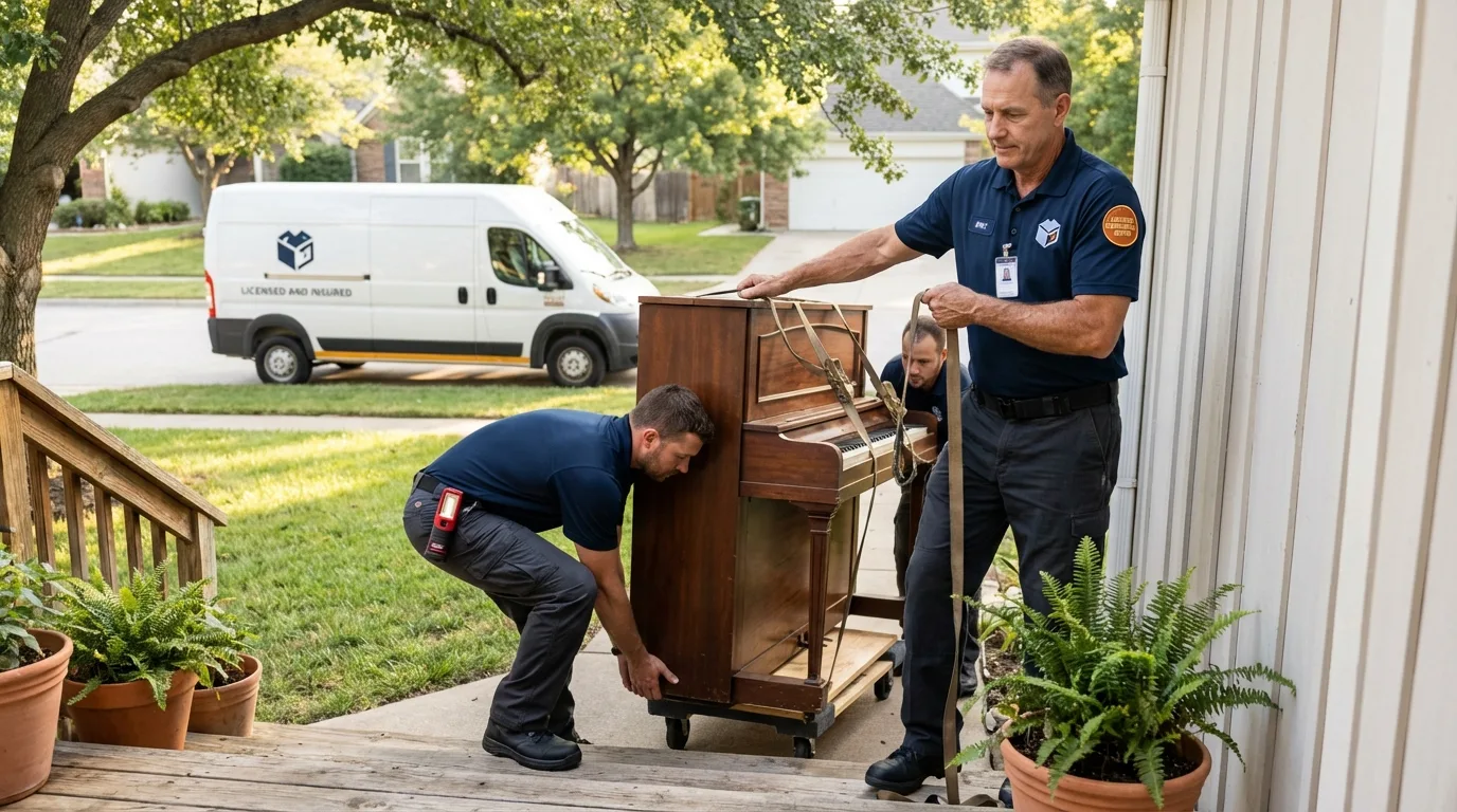 Licensed piano movers securing grand piano in Strongsville, OH