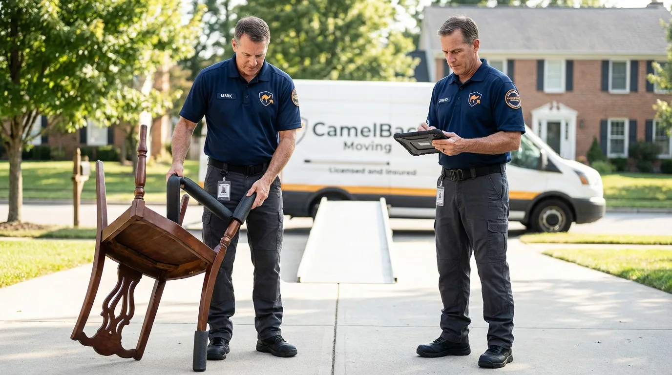 Movers inspecting furniture for damage prevention before loading in Strongsville, OH