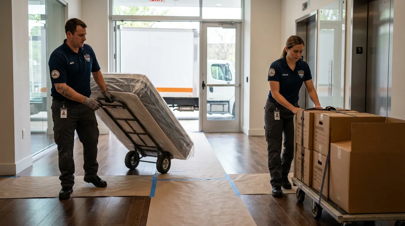 Professional apartment movers loading elevator in Strongsville, OH