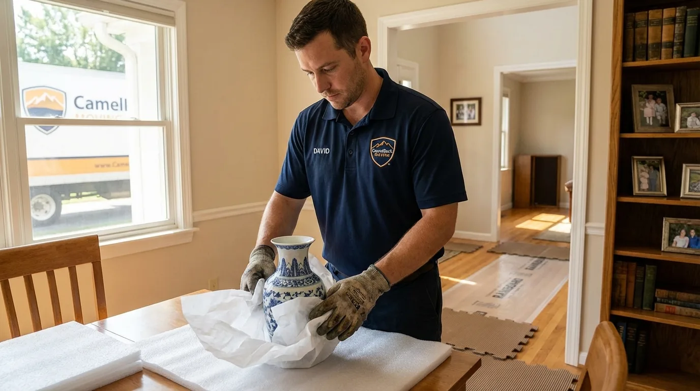 Professional crew carefully wrapping antique vase for senior downsizing move in Strongsville, OH